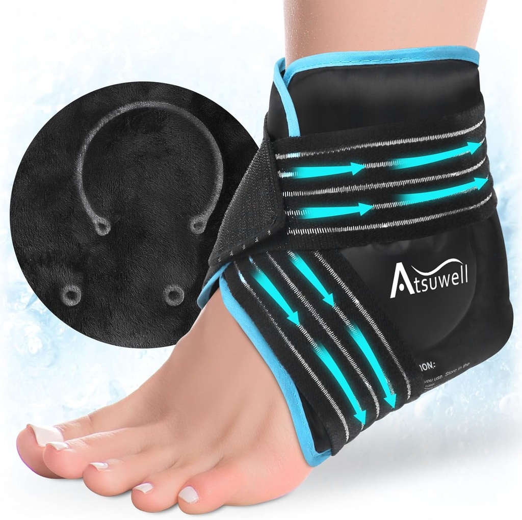 Atsuwell Ankle Ice Pack Wrap, Genanvendelig Gel Ice Pack til Foot Ankle Heel, Foot Ice Wrap med Soft Plush Lining, Cold Compress Terapi for lindrende ubehag, sort