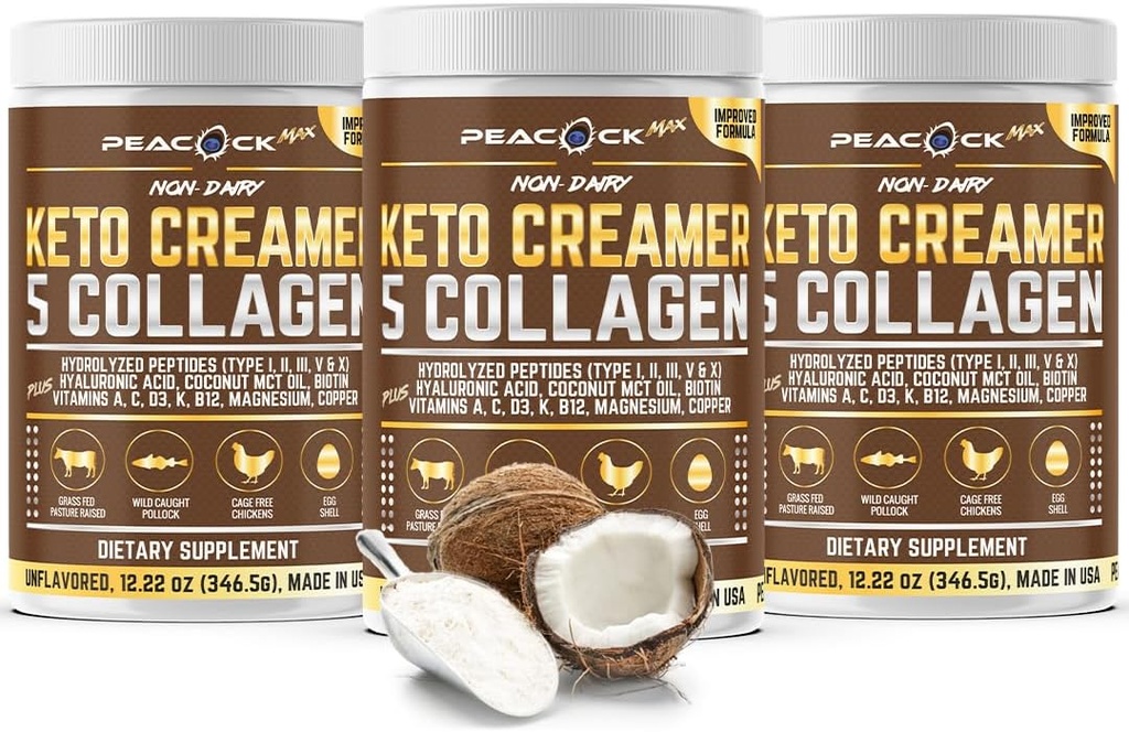 Collagen Keto Coffee Creamer Powder 12.22 oz, pakke med 3, hydrolyseret Collagen Peptider med kokos MCT Olie, Magnesium, Unflavored Protein Powder, Sugar Free Coffee Creamer til Smoothies