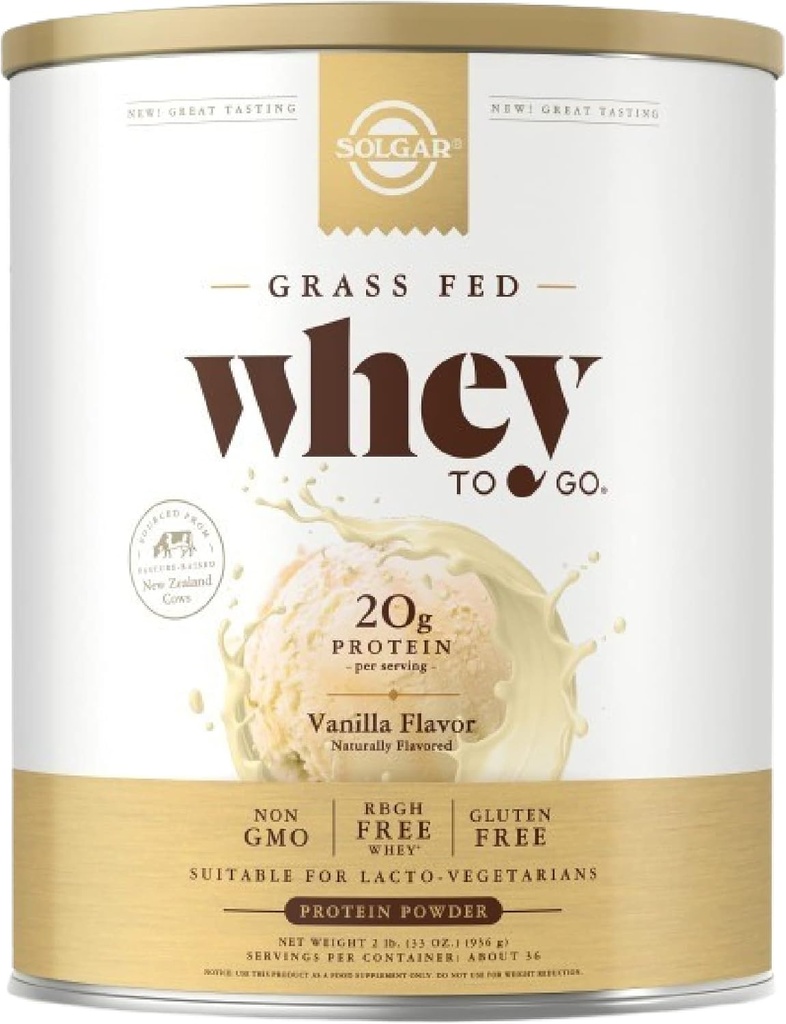 Solgar Grass Fed Whey to Go, Vanilla - 2 LB - Grass- Fed Whey Protein Powder - rBGH Free, Non- GMO, Gluten Free - 36 Serveringer