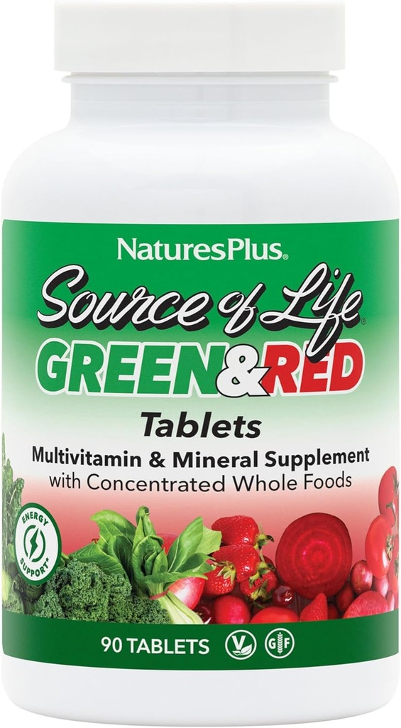 NaturesPlus Kilde til liv Green & Red Multivitamin - 90 tabletter - med koncentreret hele fødevarer - Vegetarisk, Gluten Free - 30 Servere