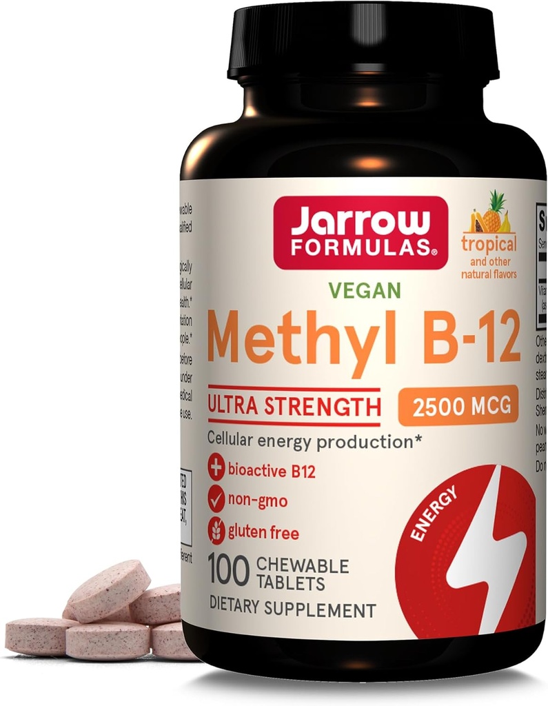 Jarrow Formulas Ultra Strength Methyl B- 12, Kosttilskud til Cellular Energy Production, 100 Tropical- Fine tyggetabletter, op til en 100 dages forsyning