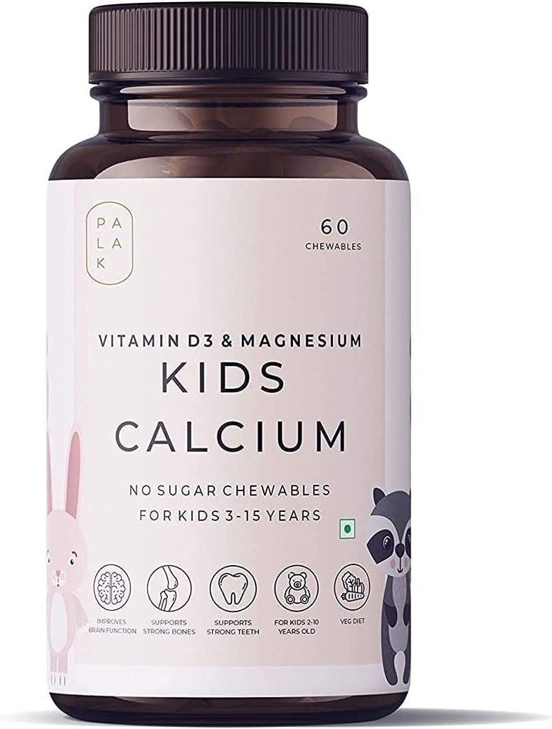Verem Palak Notes: Kids Calcium with Vitamin D3, K2 and Magnesium | No Sugar Chewables | 60 Chewables