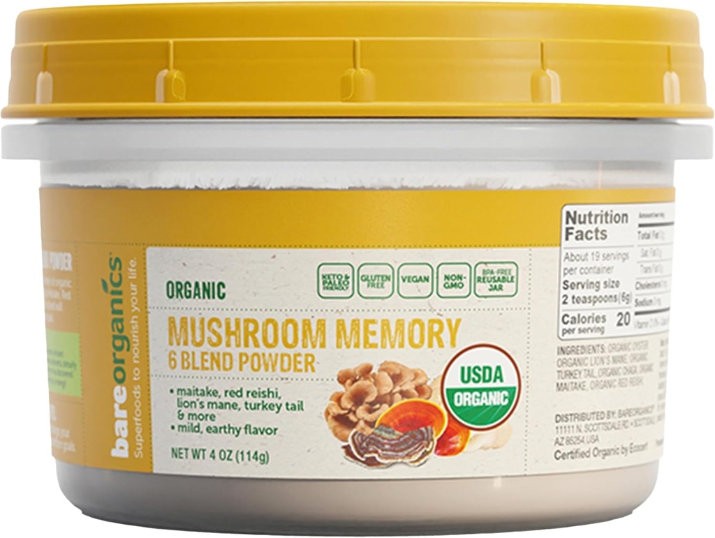 BareOrganics Mushroom Memory Blend Powder - Organic Superfood Mushroom Supplement med løvens Mane, Reishi, Maitake & Tyrkiet Tail, Vegan Adaptogen Powder - 4 oz