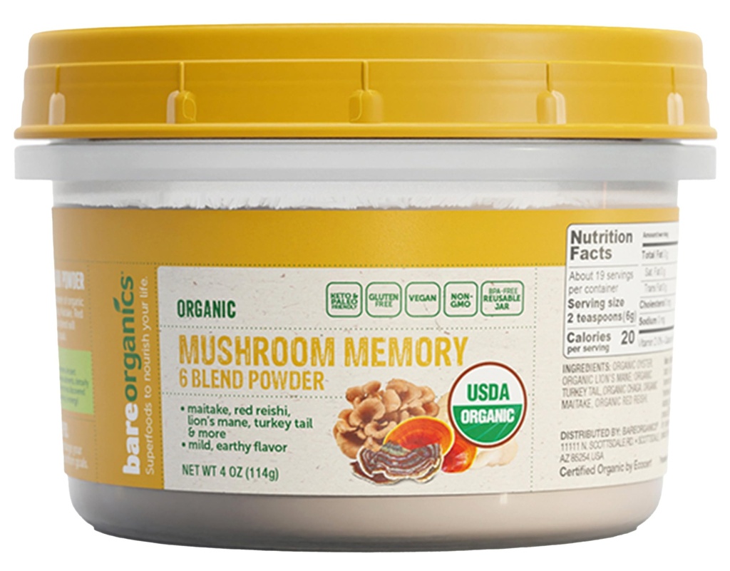 BareOrganics Mushroom Memory Blend Powder - Organic Superfood Mushroom Supplement med løvens Mane, Reishi, Maitake & Tyrkiet Tail, Vegan Adaptogen Powder - 4 oz