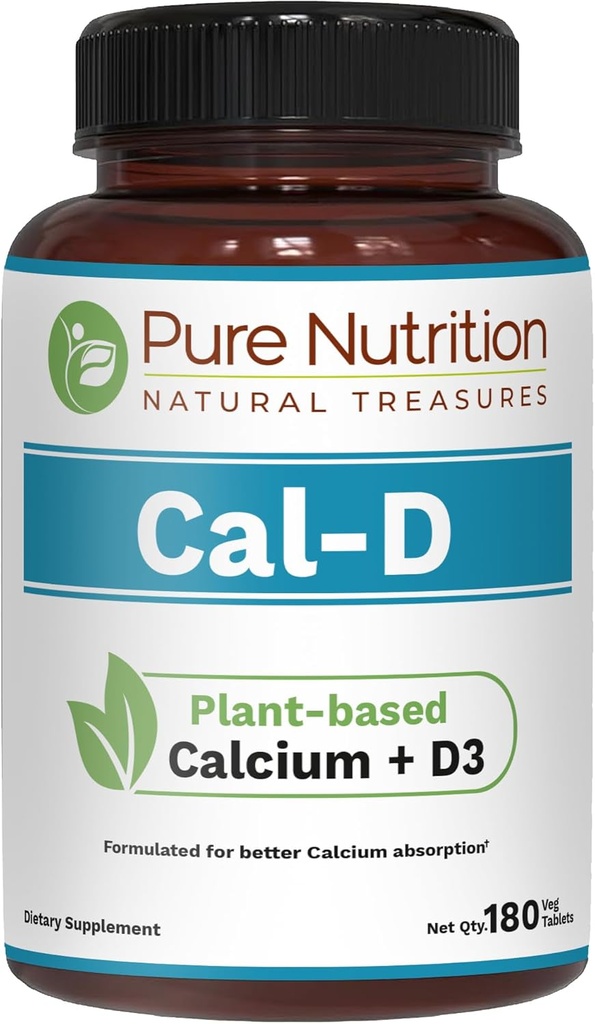 Pure Nutrition Cal D - Plant baseret Calcium med VIT D3 K2 & Magnesium--124; 180 Tabs - 124; 500mg Vegan Calcium pr Servering • 124; Algae Calcium Supplement for ben sundhed