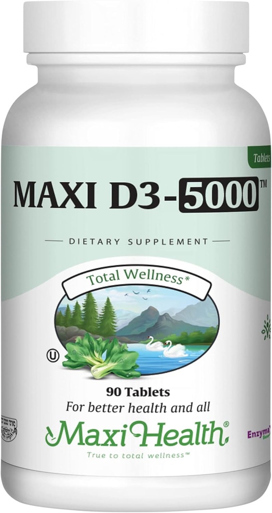 Maxi Health Vitamin D3 5000 IE (125 µg) - højdosis D 5000 IE - sunde knogler, tænder, immunforsvar - Kosher Pure High Potency Vit D3 (90 tabletter)