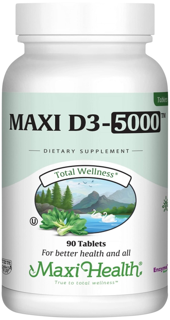 Maxi Health Vitamin D3 5000 IE (125 µg) - højdosis D 5000 IE - sunde knogler, tænder, immunforsvar - Kosher Pure High Potency Vit D3 (90 tabletter)