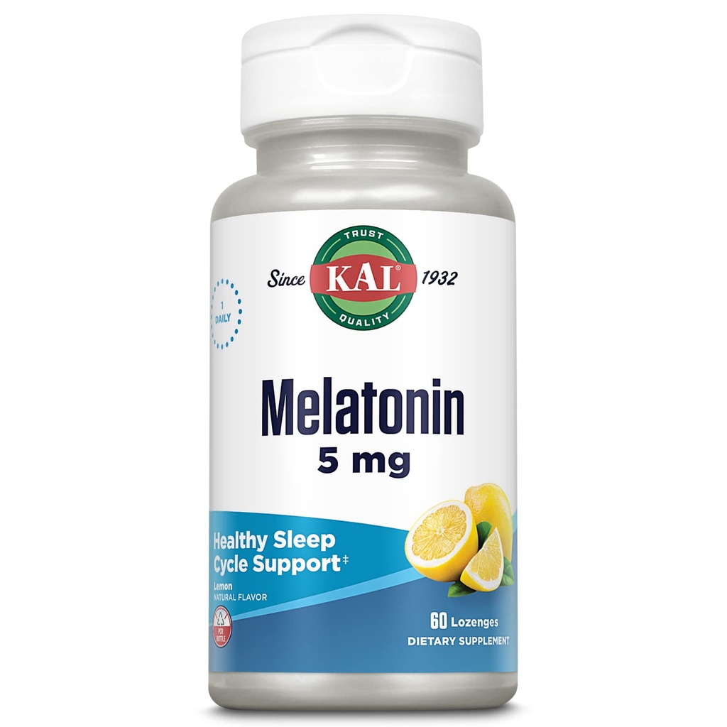 KAL Melatonin 5mg Søvnhjælp Lozenges, Melatonin Supplement understøtter søvnkvalitet, beroligende afslapning og en sund søvn cyklus, med tilsat vitamin B6, Vegetarisk, Natural Lemon Flavor, 60 Lozenges