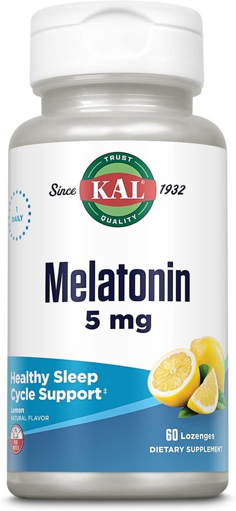KAL Melatonin 5mg Søvnhjælp Lozenges, Melatonin Supplement understøtter søvnkvalitet, beroligende afslapning og en sund søvn cyklus, med tilsat vitamin B6, Vegetarisk, Natural Lemon Flavor, 60 Lozenges
