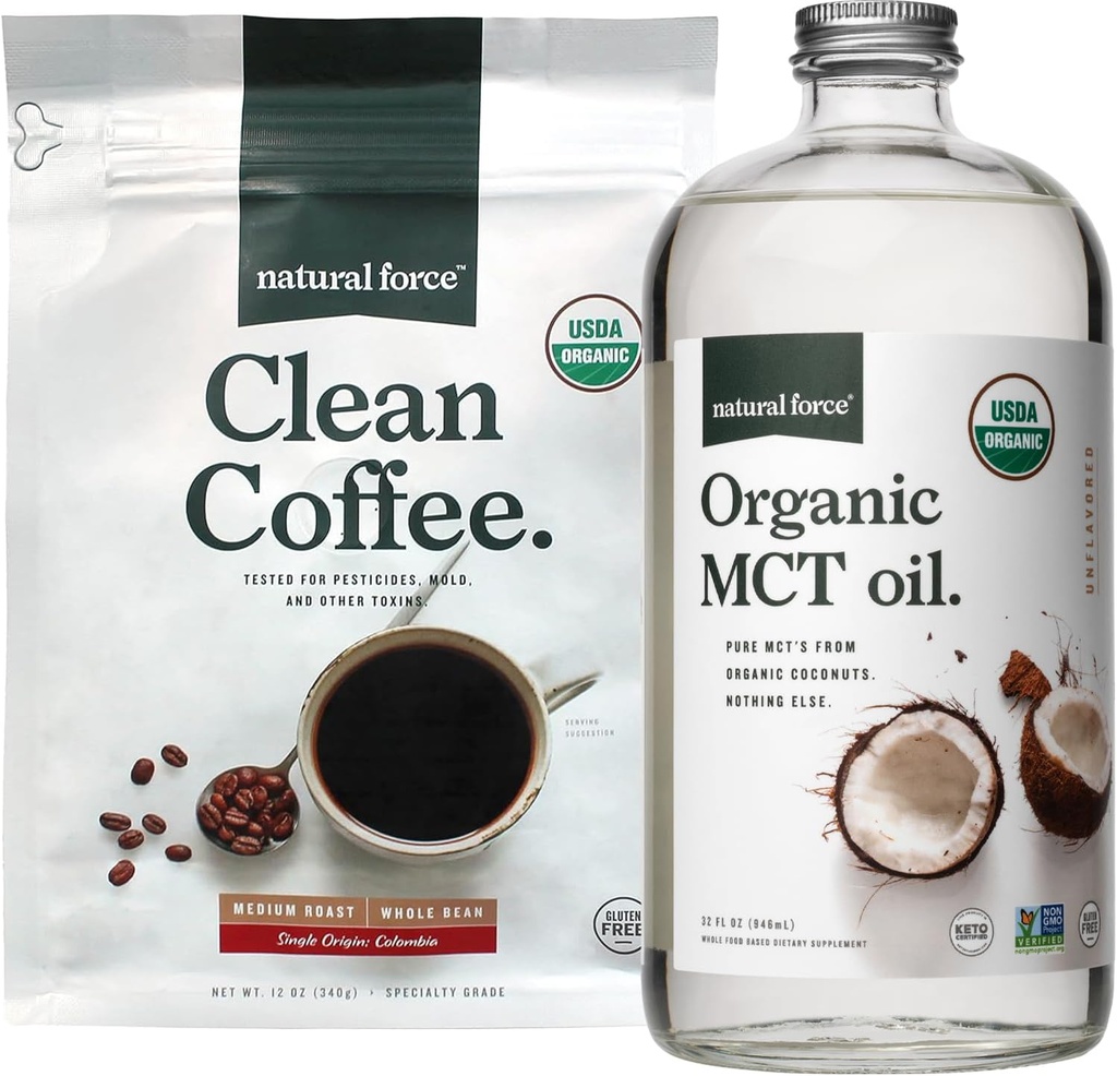 Natural Force Organic Clean Coffee + Organic MCT Oil Bundle - 100% Pure Coconut MCT & Mold & Mycotoksin Free Coffee - Non-GMO, Keto, Paleo og Vegan - 12 Oz Bag og 32 Oz Glass Flaske