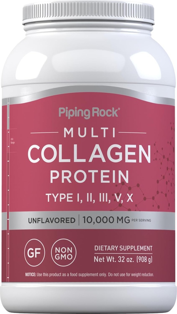 Piping Rock Multi Collagen Protein Powder Medical 124; 32oz Medical 124; Supplement for kvinder og mænd Medical 124; Type I, II, III, V, X Medical 124; Unflavored Medical 124; Non- GMO, Gluten Free