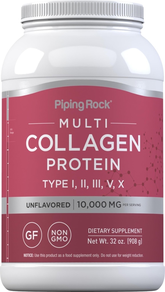 Piping Rock Multi Collagen Protein Powder Medical 124; 32oz Medical 124; Supplement for kvinder og mænd Medical 124; Type I, II, III, V, X Medical 124; Unflavored Medical 124; Non- GMO, Gluten Free
