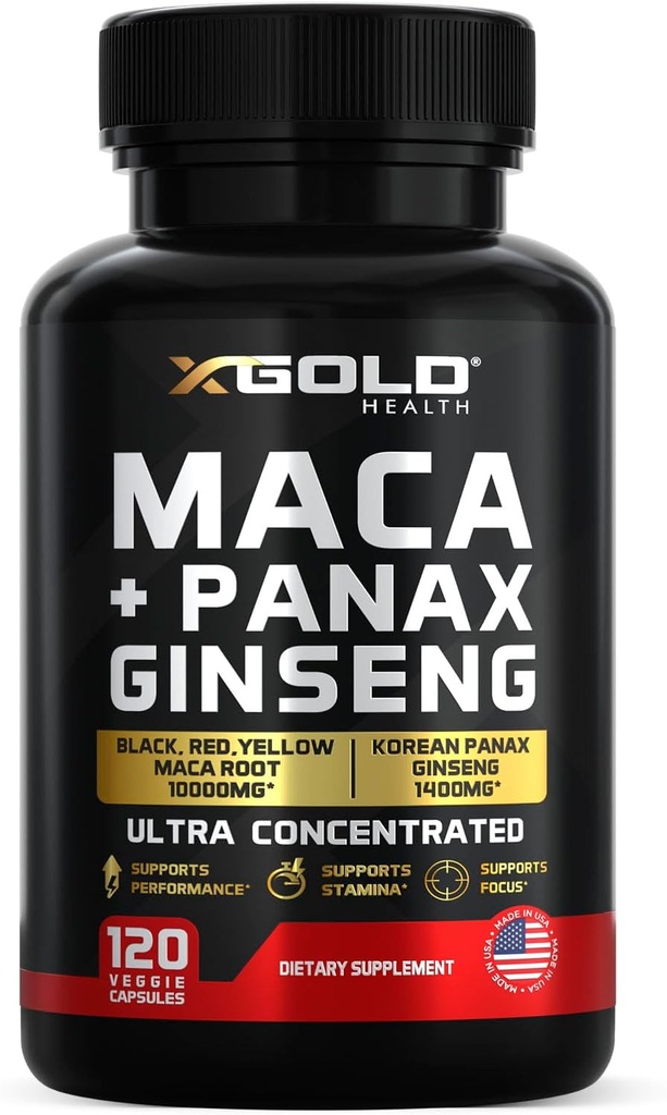 Maca Root Capsules 10,000mg + Koreansk Panax Ginseng 1,400mg - 20x Koncentreret ekstrakt Sort + Rød + Gul Maca Root, 10x Koncentreret ekstrakt Panax Ginseng Kapsler - Ultra Potent & Højt Renset