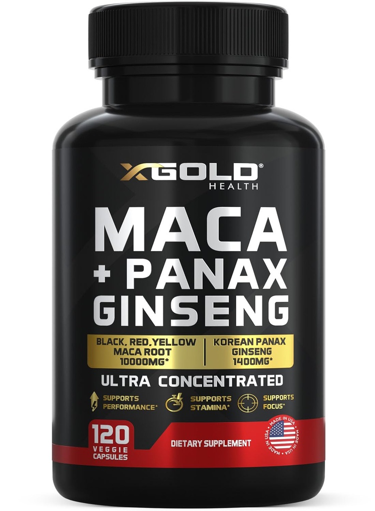 Maca Root Capsules 10,000mg + Koreansk Panax Ginseng 1,400mg - 20x Koncentreret ekstrakt Sort + Rød + Gul Maca Root, 10x Koncentreret ekstrakt Panax Ginseng Kapsler - Ultra Potent & Højt Renset