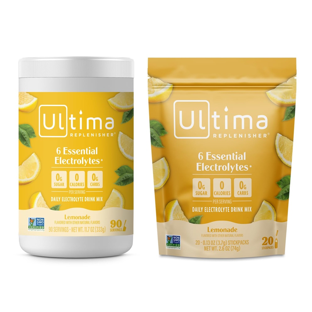 Ultima Replenisher Electrolyte Powder Drink Bundle - Sugar Free - Lemonade, 90 Serving Canister og 20 Stickpacks - 6 Electrolytes and Minerals - Keto Friendly, Vegan, Non- GMO