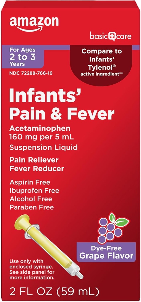 Basal Care Infants 'Pain & Fever, Acetaminophen 160 mg per 5 ml, Suspension Liquid, Farvefri Grape Flavor, 2 fl oz (pakning med 1)