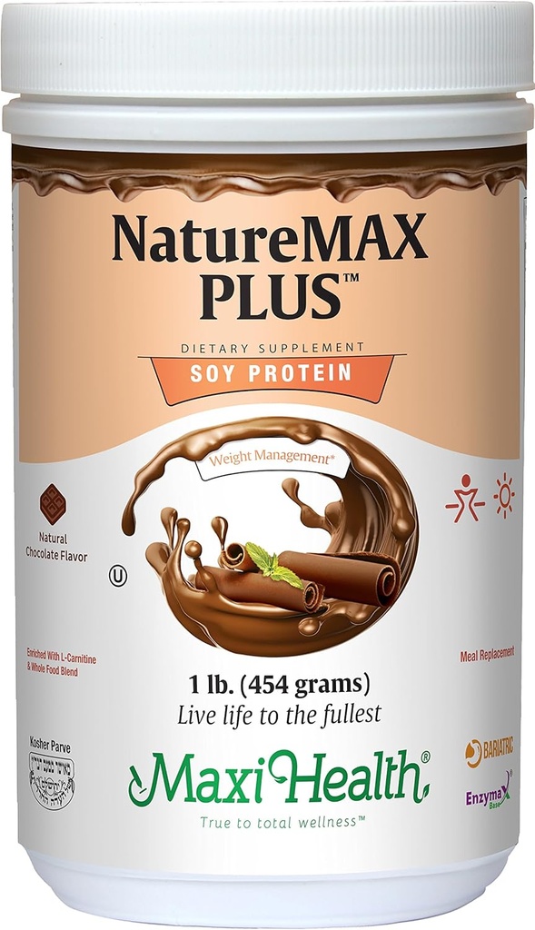 Maxi- Health NatureMAX Plus Energy Support Drink Soy Protein Powder - Sukker Free Diet Supplement - 20g Protein Per Servering - Natural Chocolate Flavor - Kosher Vitamin - 1lb