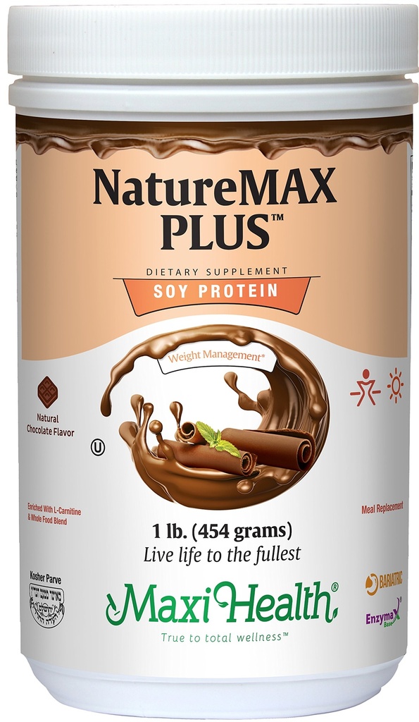 Maxi- Health NatureMAX Plus Energy Support Drink Soy Protein Powder - Sukker Free Diet Supplement - 20g Protein Per Servering - Natural Chocolate Flavor - Kosher Vitamin - 1lb
