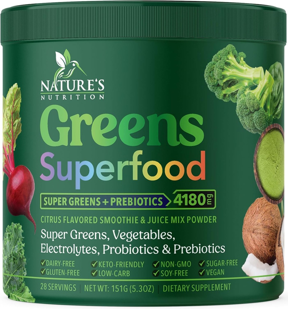 Green Powder Superfood - Premium Organic Super Green Juice Powder - Pakket med Probiotika, Hvede Græs, Enzymes, Spirulina, Chlorella til fordøjelsesbesvær & Gut Sundhed, Smoothie Drink Mix - 28 Serveringer