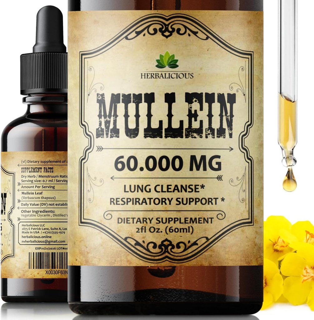 HERBALICIOUS Mullein Drops for Lungs – Organic Lung Cleanse Supplement with Mullein Leaf Extract (Verbascum Thapsus) – Vegan, Non-GMO Liquid Formula – 2 Fl Oz