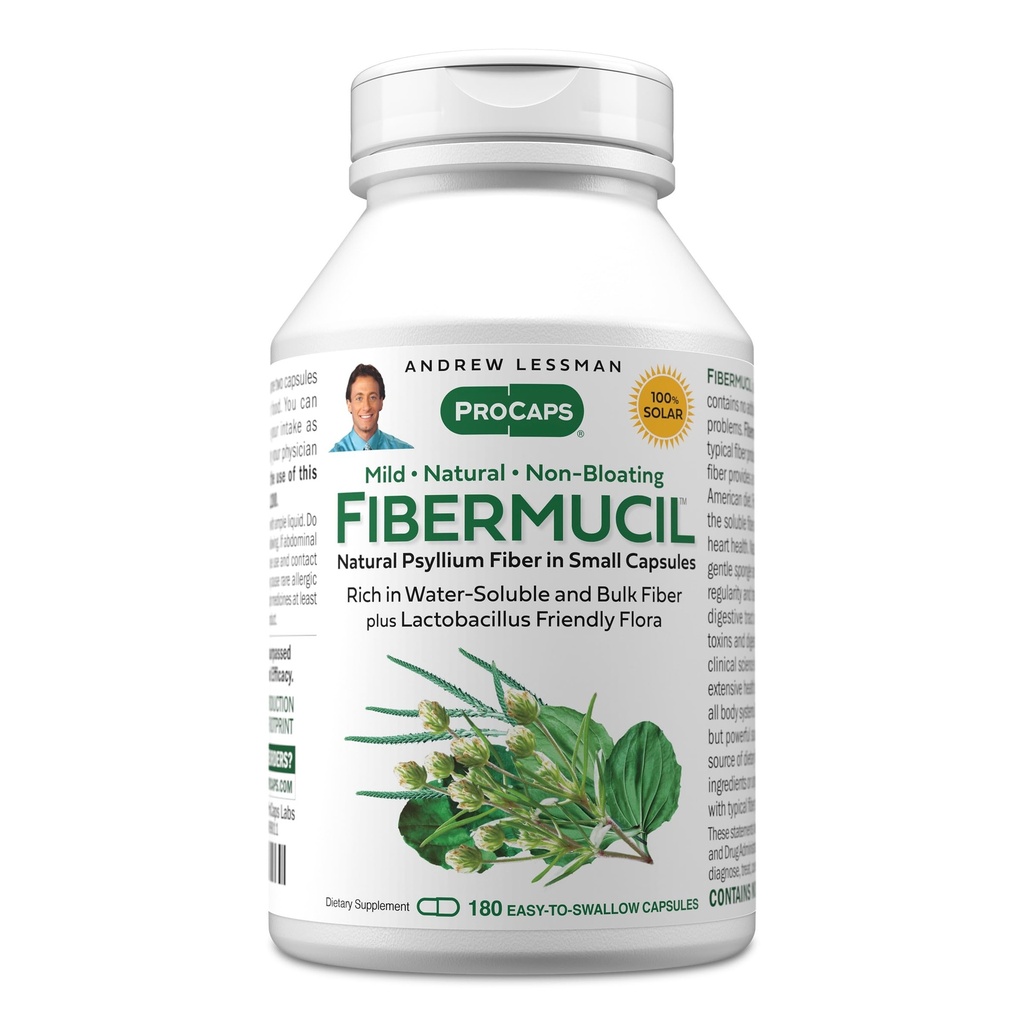 ANDREW LESSMAN Fibermucil 180 kapsler - Psyllium Husk Powder. Tilskynder forsigtigt regelmæssighed og fordøjelsessundhed. Rig på Fiber. Rolig, rolig, effektiv. Ingen tilsætningsstoffer. Lille let at synke kapsler