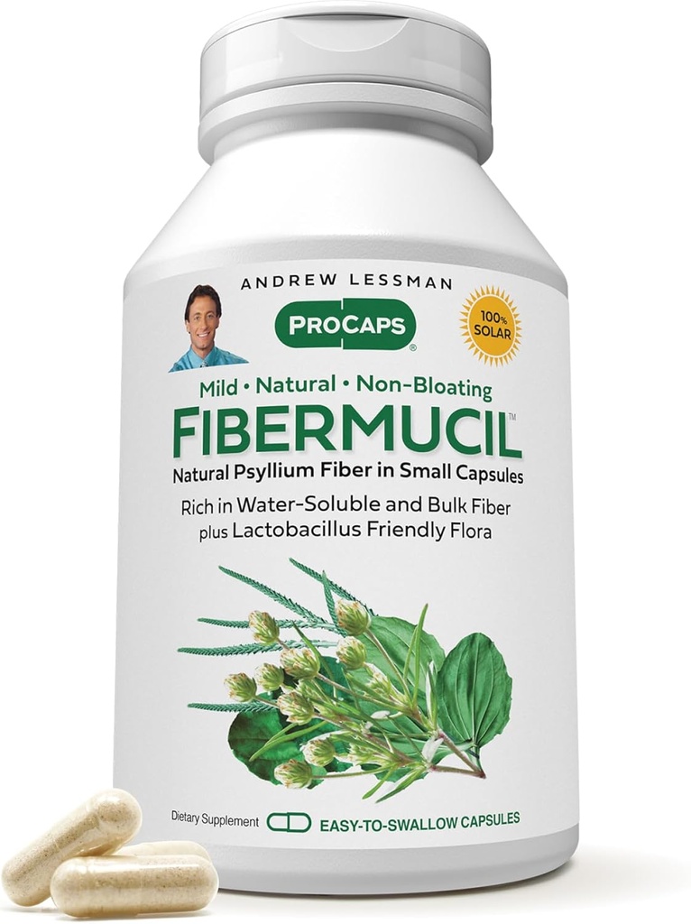 ANDREW LESSMAN Fibermucil 180 kapsler - Psyllium Husk Powder. Tilskynder forsigtigt regelmæssighed og fordøjelsessundhed. Rig på Fiber. Rolig, rolig, effektiv. Ingen tilsætningsstoffer. Lille let at synke kapsler