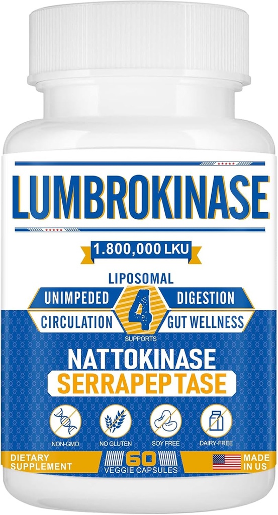 Liposomal Lumbrokinase Natokinase Serrapeptase Complex, Lumbrokinase Supplement for cirkulerende hjerte sundhed og fordøjelse, 60 kapsler