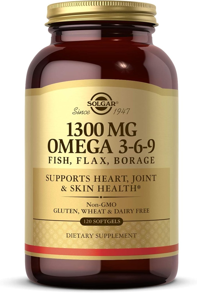 Solgar 1300 mg Omega 3- 6- 9, 120 Softgels - Fish Oil Supplement - Støtte til fælles & hudsundhed - Inkluderer hørfrø & Borage - Indeholder EPA & DHA Omega 3 Fedtsyrer - 40 Servering