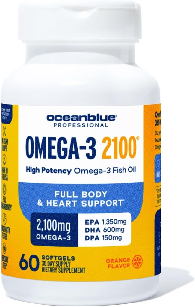 Oceanblå Professional Omega-3 2100- 60 Greve - Højpotens tredobbelt styrke Burpless Fish Oil tillæg med EPA, DHA & DPA - Orange Flavor, 30 Servere