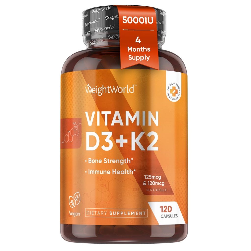 WeightWorld Vegan Vitamin D3 K2- 120 Kapsler - 5000 IE D3 & K2 120mcg for ben styrke & immunforsvar - K2 D3 Vitamin supplement Plant- Based Cholecalciferol fra Wild- Harabed Lichen