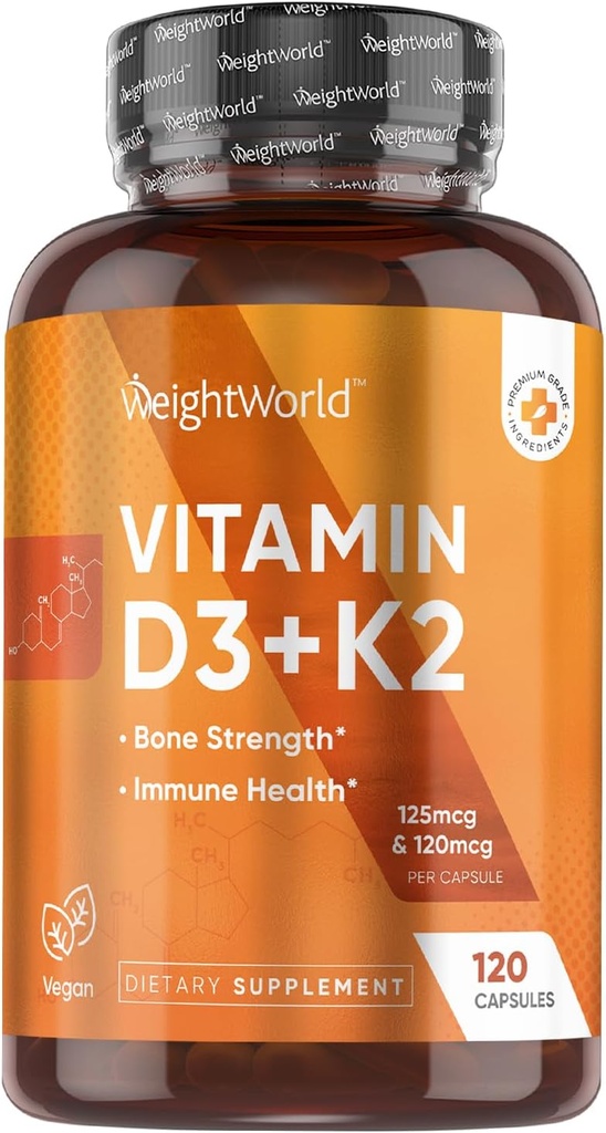 WeightWorld Vegan Vitamin D3 K2- 120 Kapsler - 5000 IE D3 & K2 120mcg for ben styrke & immunforsvar - K2 D3 Vitamin supplement Plant- Based Cholecalciferol fra Wild- Harabed Lichen