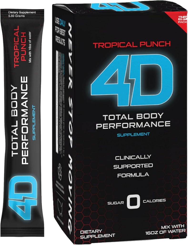 4D - Tropical Punch 25 Unit Box- Vitamin & Energy Powder Pakninger - Zero Calories & Sugars - Gluten Free, Non- GMO, Keto & Vegan Friendly