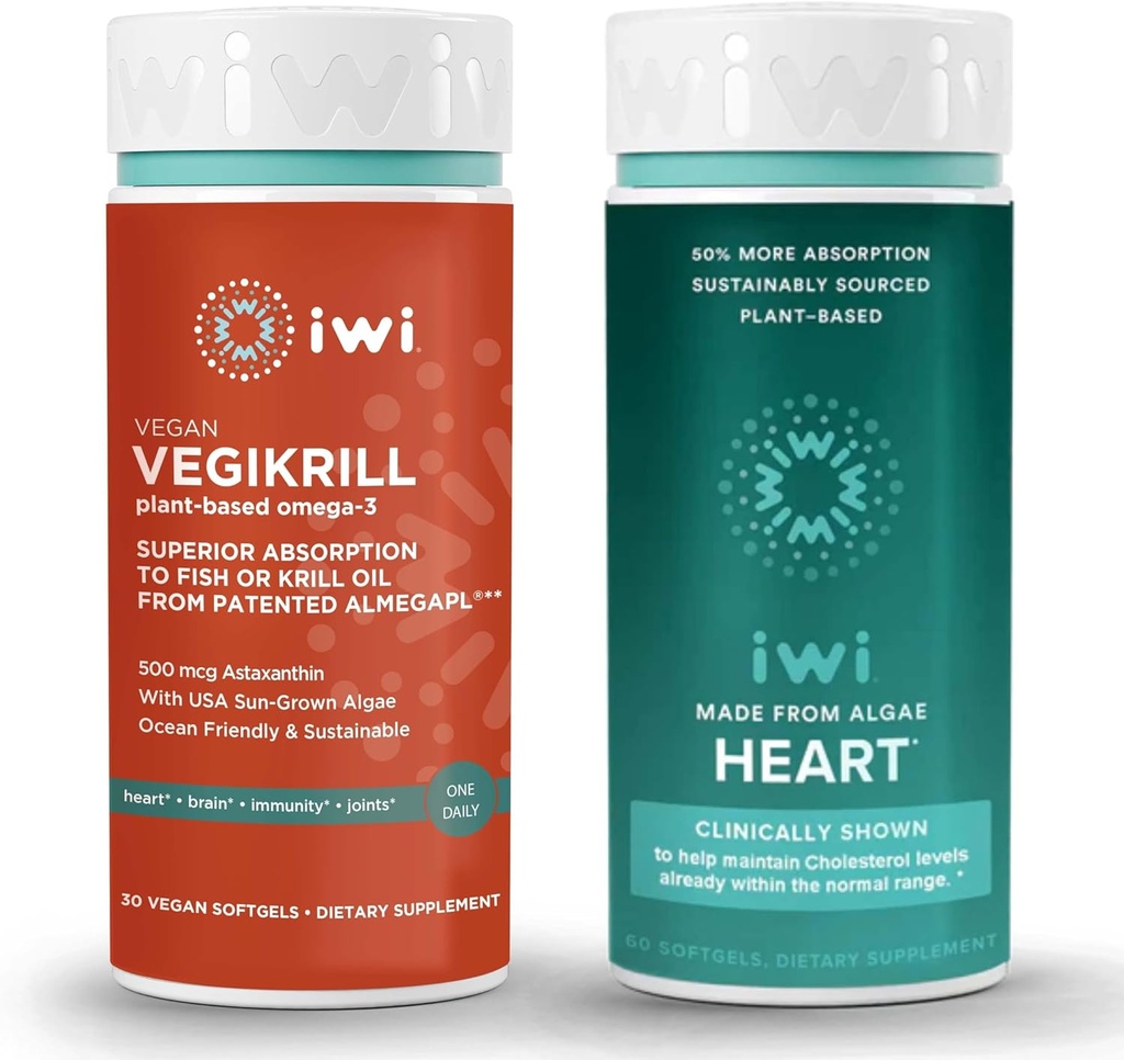 iwi Life Vegikrill & Heart Omega-3 Bundle, 30 Servering, Vegan Plant- baseret Alger Omega 3, Krill & Fish Oil Alternative, Ingen Fishy Aftersmage