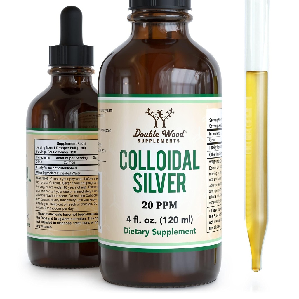 Kolloid sølvvæske 20 PPM - 4 Fl OZ (Plata Coloidal med Dropper) 99,9% Pure, Gluten Free, Non- GMO med dobbelt træ Kosttilskud