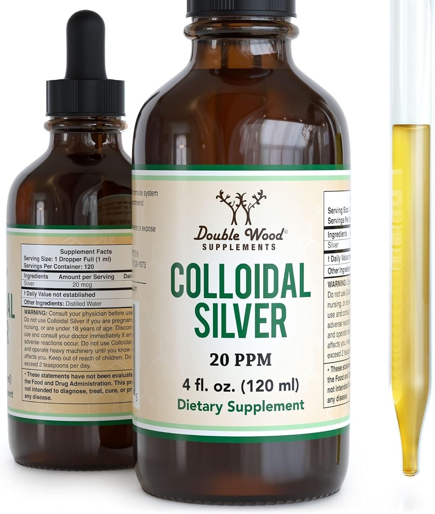 Kolloid sølvvæske 20 PPM - 4 Fl OZ (Plata Coloidal med Dropper) 99,9% Pure, Gluten Free, Non- GMO med dobbelt træ Kosttilskud