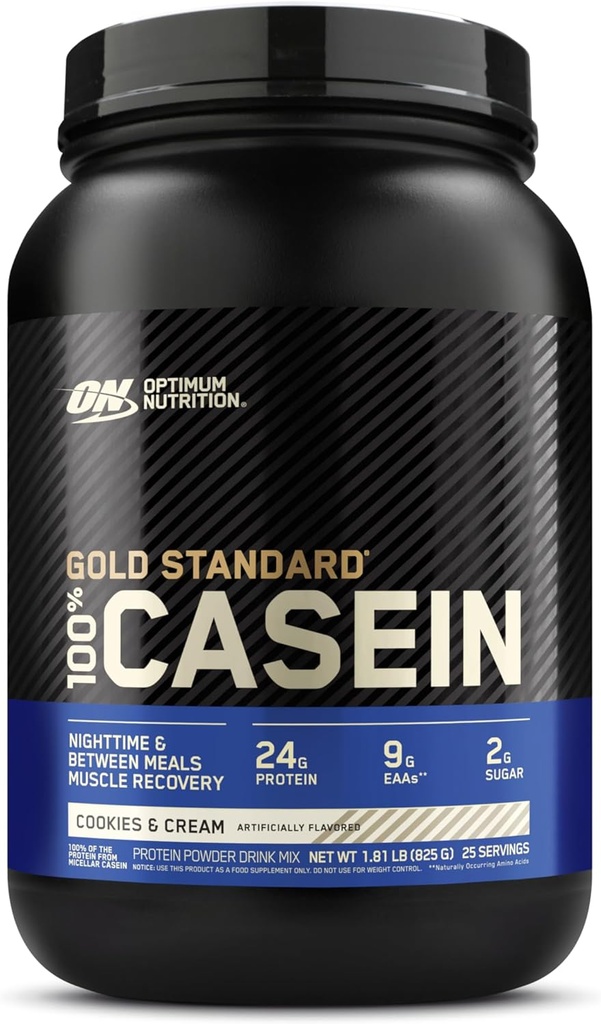 Optimum Nutrition Gold Standard 100% Micellar Casein Protein Powder, Slow Digesting, Hjælper med at holde dig fuld, Overnight Muscle Recovery, Cookies og Cream, 1.81 Pound (Packaging May Vary)