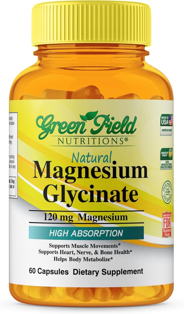 Greenfield Nutritions Halal Magnesium Glycinate 120mg (60 kapsler) - Gluten Free Pure Magnesium Supplement - Halal Vitamin understøtter nerve, hjerte, ben og muskel bevægelser