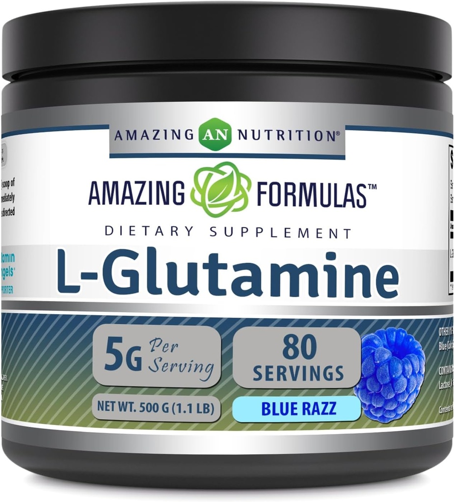 Amazing Formulas L- Glutamin Pulver • 124; Aminosyre Supplement • 124; Non- GMO • 124; Gluten Free • 124; Lavet i USA (Blå Hindbær • 124; 1.1 Lb)