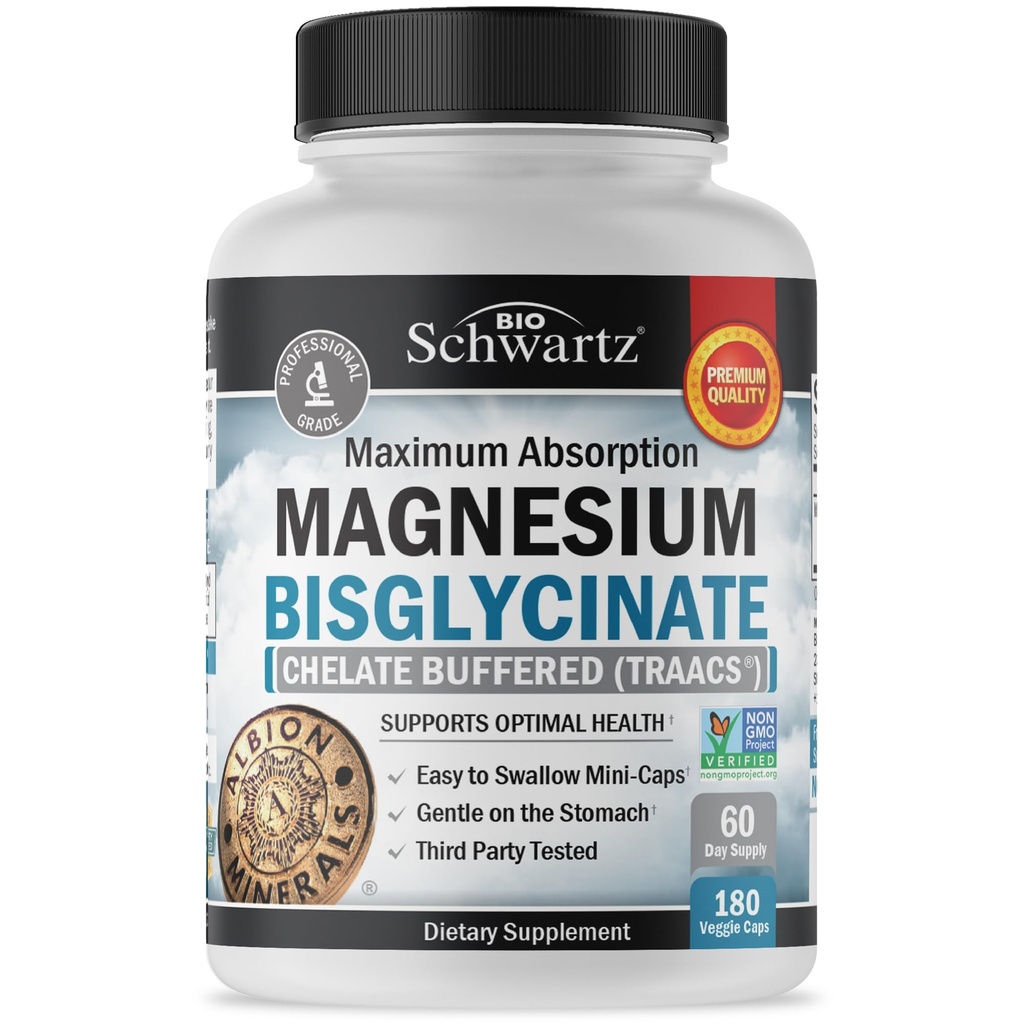Magnesium Bisglycinat Chelated Supplement - Høj Absorption Magnesiumtillæg for muskel, ben & fælles støtte - Non- GMO, Non- Laxative, Fuldt Buffered for maksimal biotilgængelighed - 180 kapsler