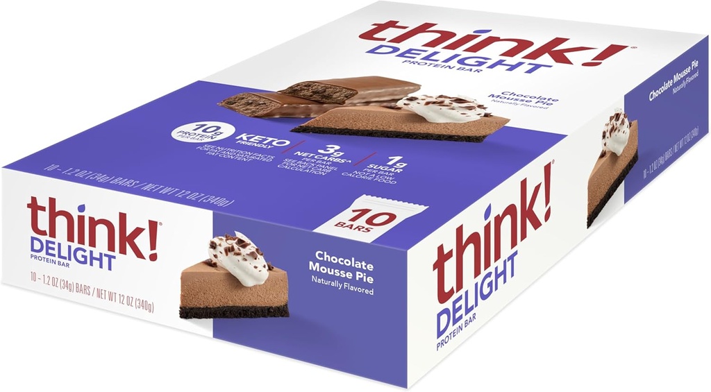 Tænk! Delight, Keto Protein Bars, Sund Lav Carb, Gluten Free Snack - Chokolade Mousse Pie, 10 Greve (Packaging May Vary)