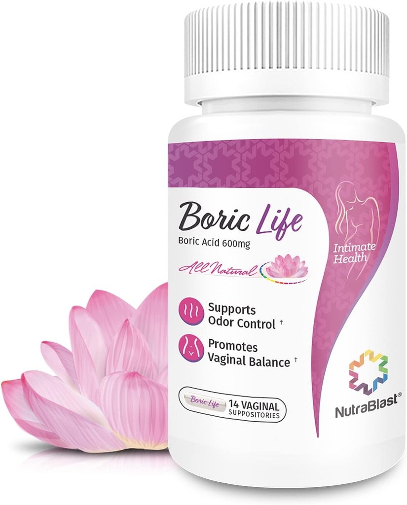NutraBlast Boric Acid Vaginal Suppbassines - 100% Pure Made in USA - Boric Life Intimate Health Support (14 Greve)