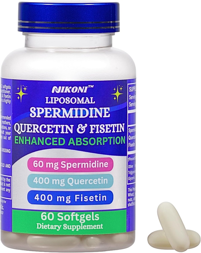 Nikoni Liposomal Spermidin, Quercetin, Fisketin 860mg tillæg for sund aldring, cellulær fornyelse, kognitiv funktion 60 Softelss