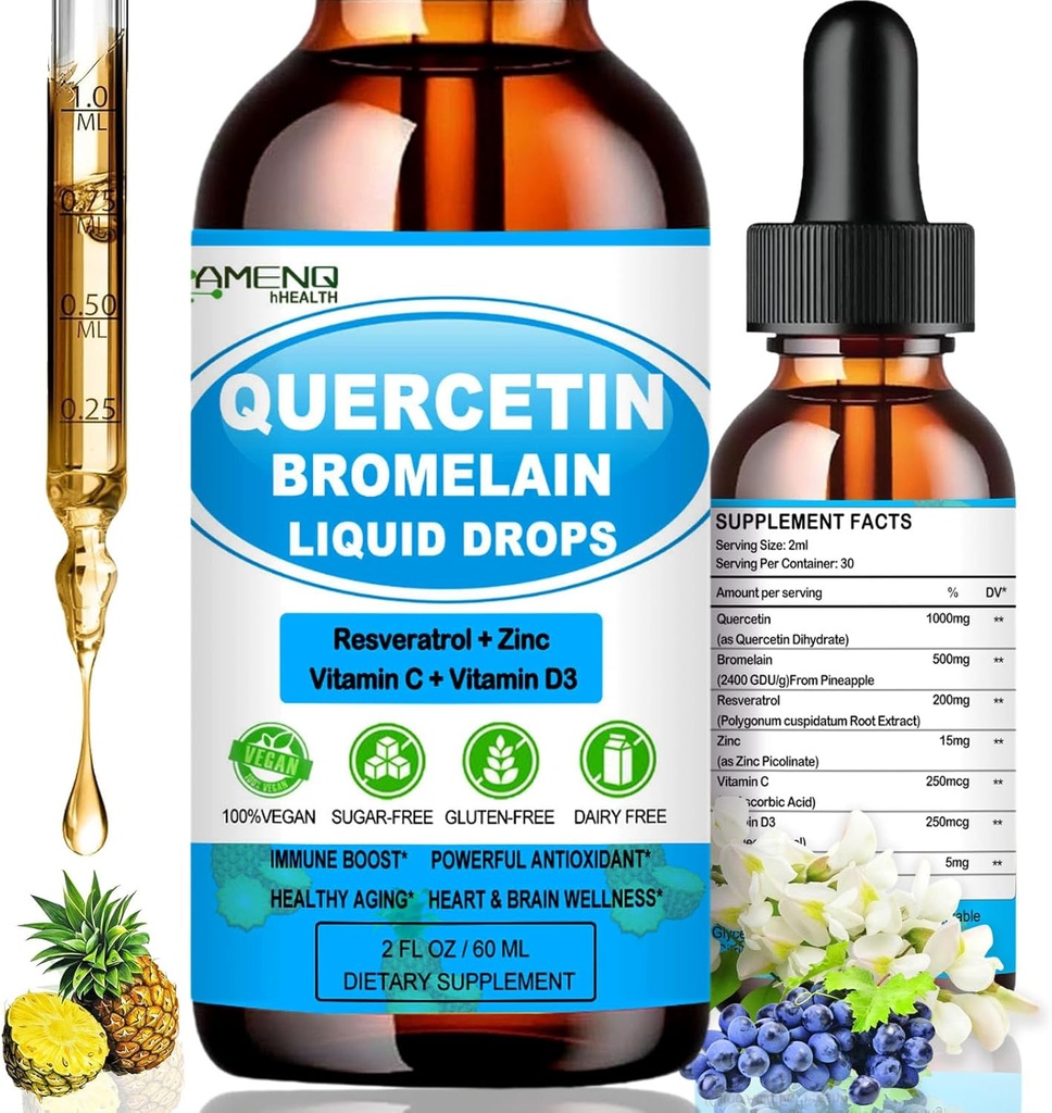Quercetin med C-vitamin og zink - Quercetin flydende dråber - Quercetin med bromelain - Zink Quercetin - immunsupportsupplement til respiratorisk sundhed & legemets reaktion på lejlighedsvis allergi