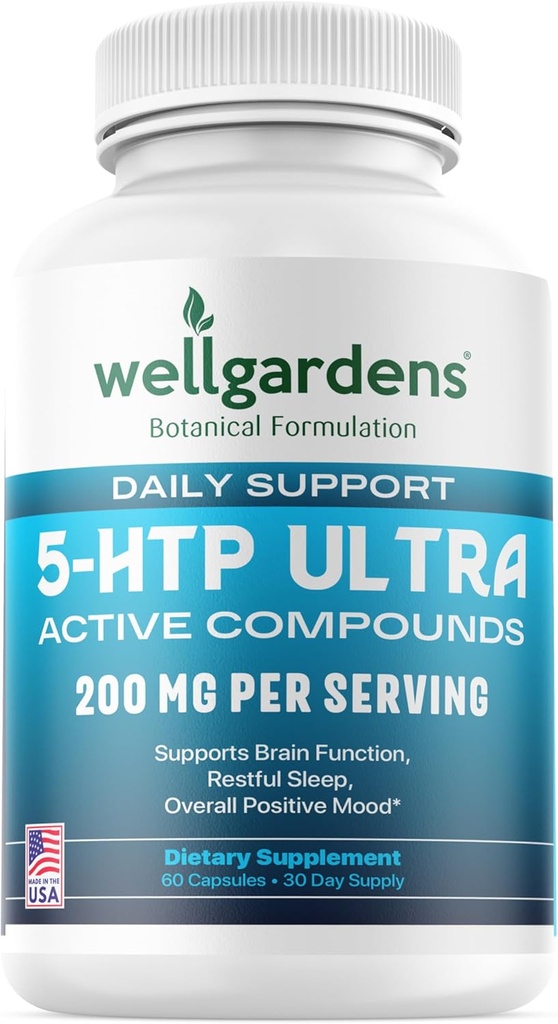 100% Pure 200 MG 5- HTP Ultra for sund søvn og følelse af velvære - Support Mood, Stress, Sleep - 5htp Supplement med calcium - 60 5HTP 200mg kapsler, 30 Servere