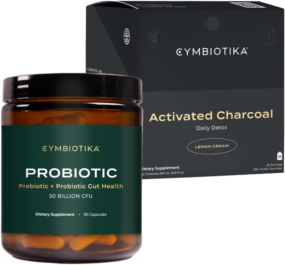 CYMBIOTIKA Probiotisk 50 Millioner CFU & Aktiveret Charcoal Liquid Supplement, Understøtter sund fordøjelse for mænd og kvinder, Mavesæk Detox & fordøjelsesbesvær, Hjælper Allowate Gas & Bloating, Let at bruge