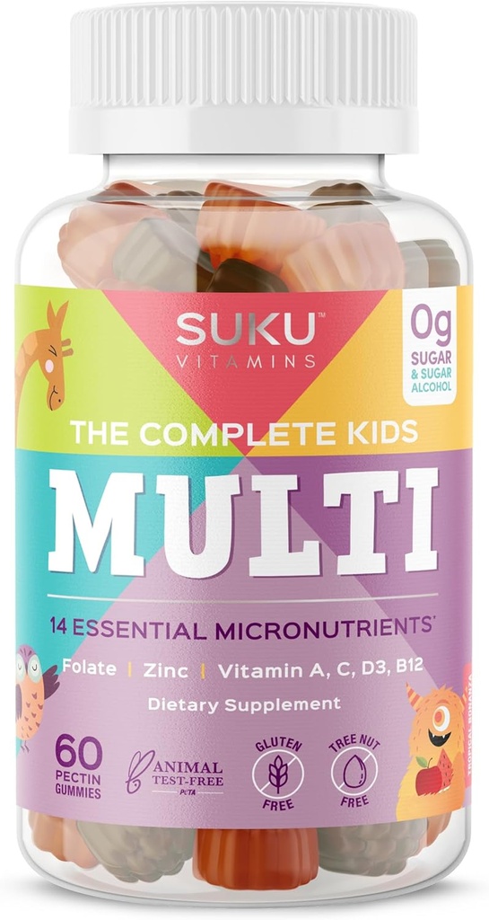 SUKU De komplette børn Multivitamin Gummies - Vitaminer A, C, D, E, B6, B12, Folate & Zink - Immunstøtte, Sugar- fri, Gluten- fri, ikke-GMO, Tropical Bonanza Flavor - 60 Greve