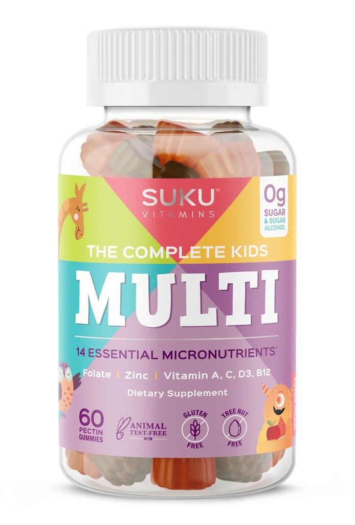 SUKU De komplette børn Multivitamin Gummies - Vitaminer A, C, D, E, B6, B12, Folate & Zink - Immunstøtte, Sugar- fri, Gluten- fri, ikke-GMO, Tropical Bonanza Flavor - 60 Greve