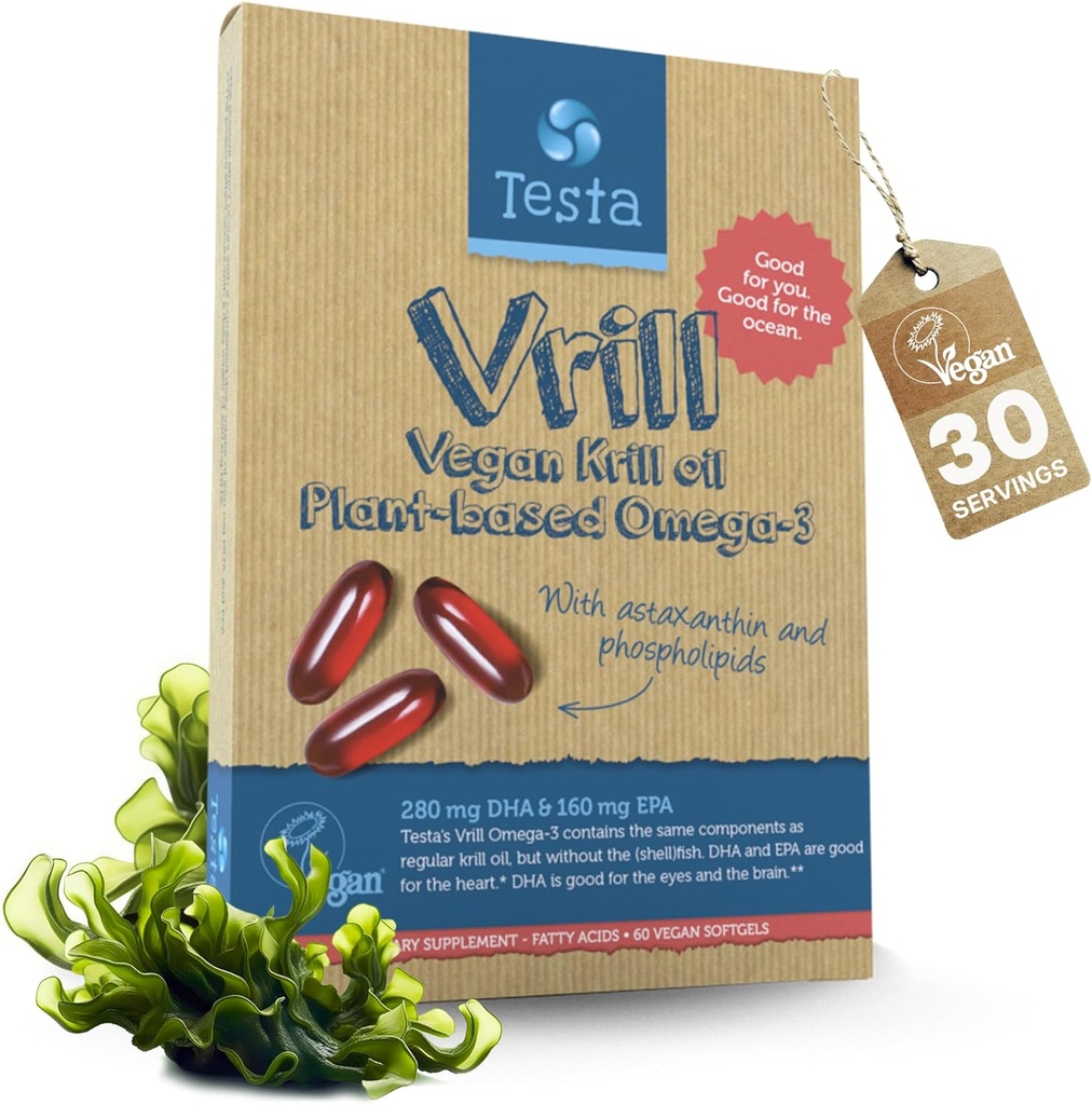 Testa Omega 3 Vegan Krill Supplement- 1000mg Softgels, 2 gange mere Omega-3, DHA, EPA, Astaxanthin, Phospholipider - hjerte, hjerne, øje, fælles støtte - Ikke fra fisk, Alger Kilde - 60 Softgels