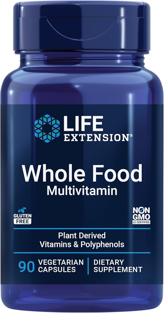 Life Extension Whole Food Multivitamin, Plante-derived Vitamin D3, A, B, C & E, Plus Mineraler, Planteekstrakter, Stay Sund fra Hoved til Toe, Gluten- Free, Non- GMO, Vegetar, 90 Kapsler