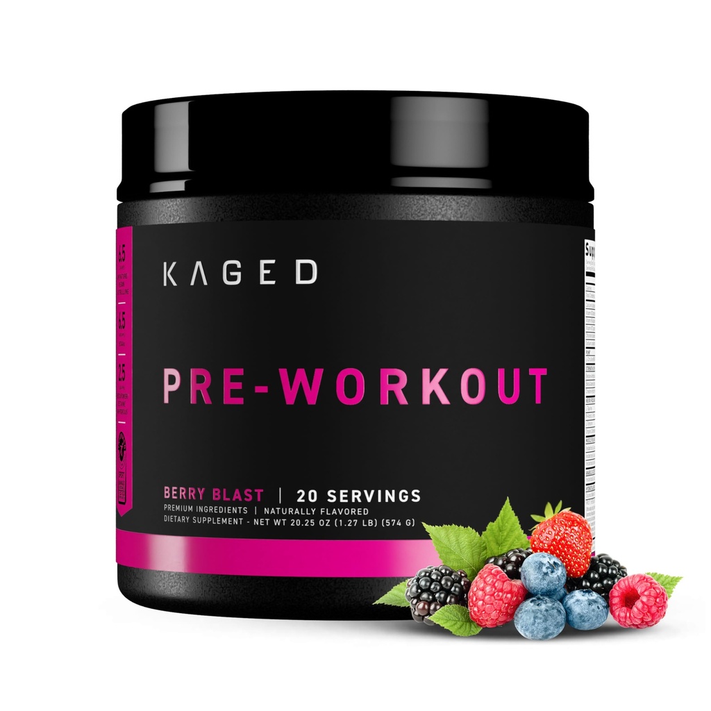 Kaged Original Pre Workout Pulver • 124; Berry Blast • 124; Pre-Workout med Creatin, Beta Alanine, L- Citrullin, BCAAs • 124; 274 mg Organisk Koffein • 124; Pre-Kosttilskud til mænd og kvinder • 124; 20 Servering